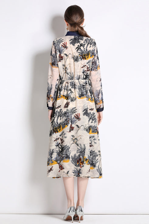 Vintage French Style Collared Beige & Navy Tropical Print Dress